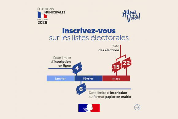 Les élections municipales et communautaires auront lieu les 15 et 22 mars 2026. Si ce n’est déjà fait, pensez à vous inscrire sur les listes électorales avant la date butoir. Les élections municipales et communautaires auront lieu les 15 et 22 mars 2026. Si ce n’est déjà fait, pensez à vous inscrire sur les listes électorales avant la date butoir.